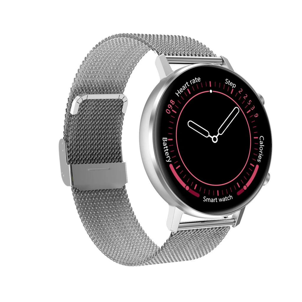 DT96 smart bracelet with steel strap on wrist, showing 1.3-inch colour screen.