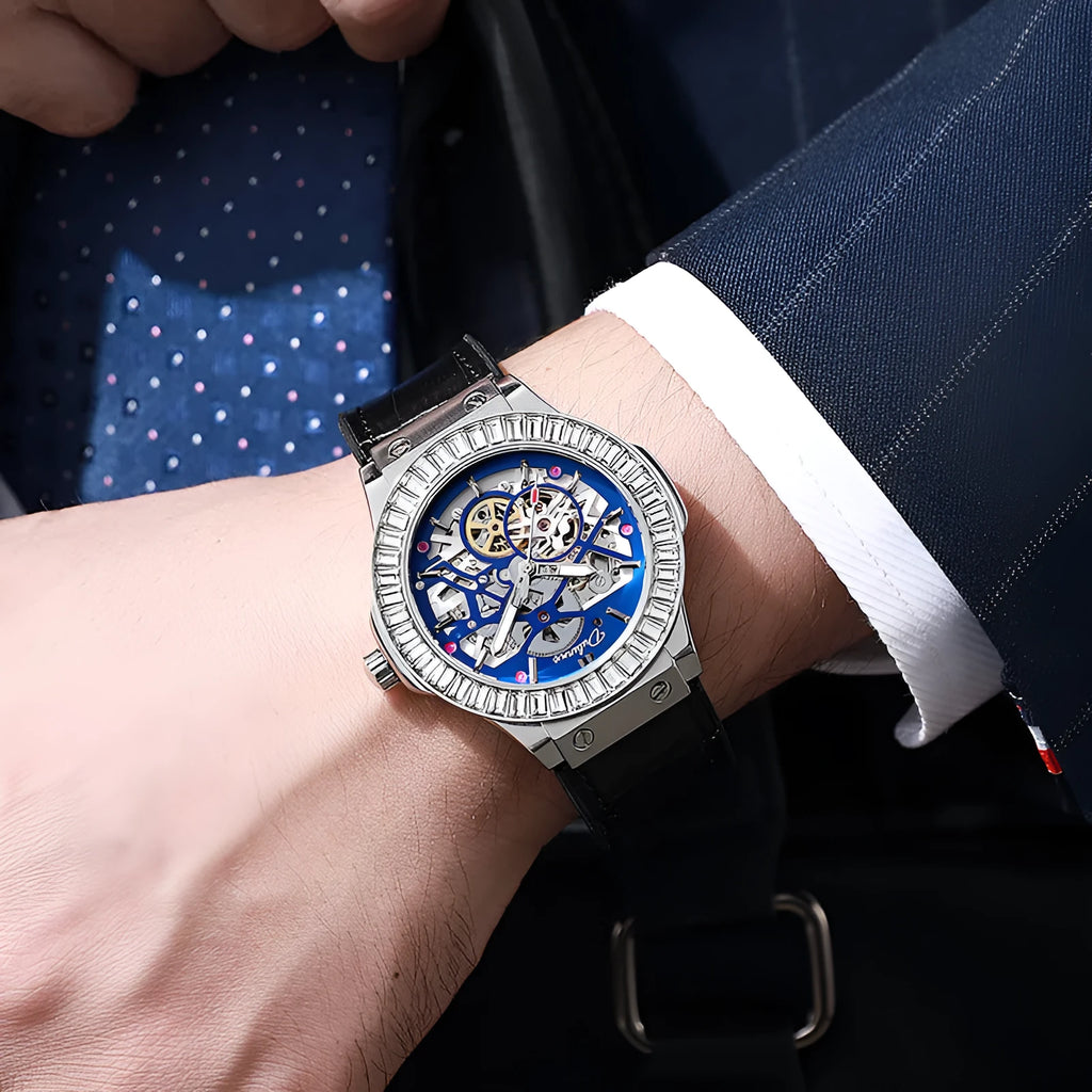 Men's automatic mechanical watch with skeleton dial and diamond bezel on wrist