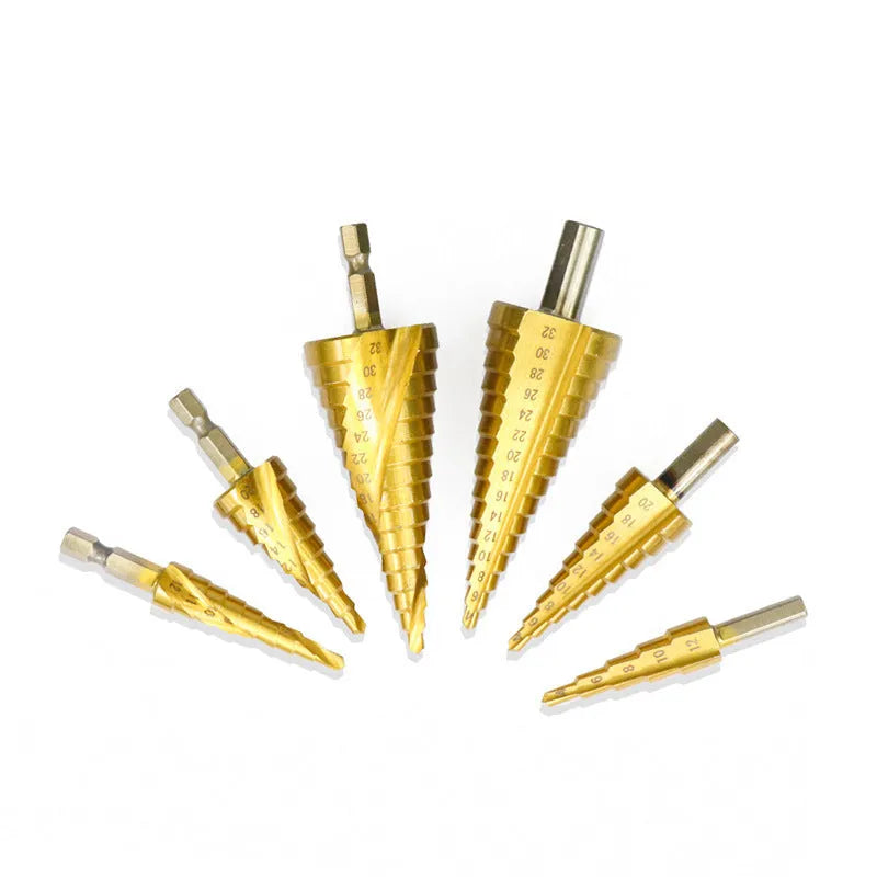 High speed steel cone drill bit punch set with centre punches including multiple step drill sizes