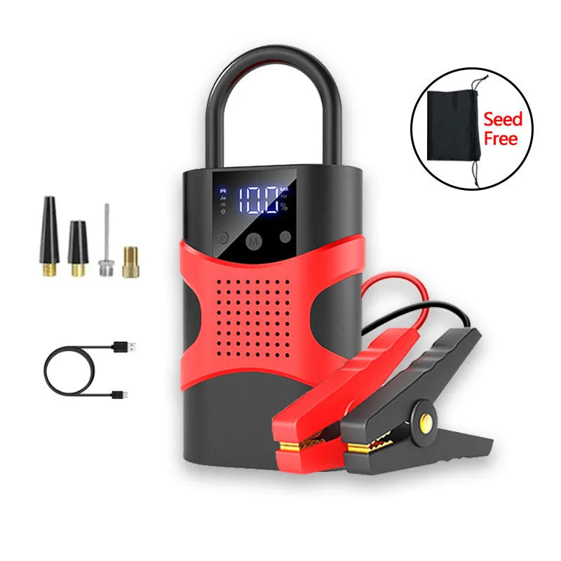 Portable automobile emergency start power source with digital display and electric air pump