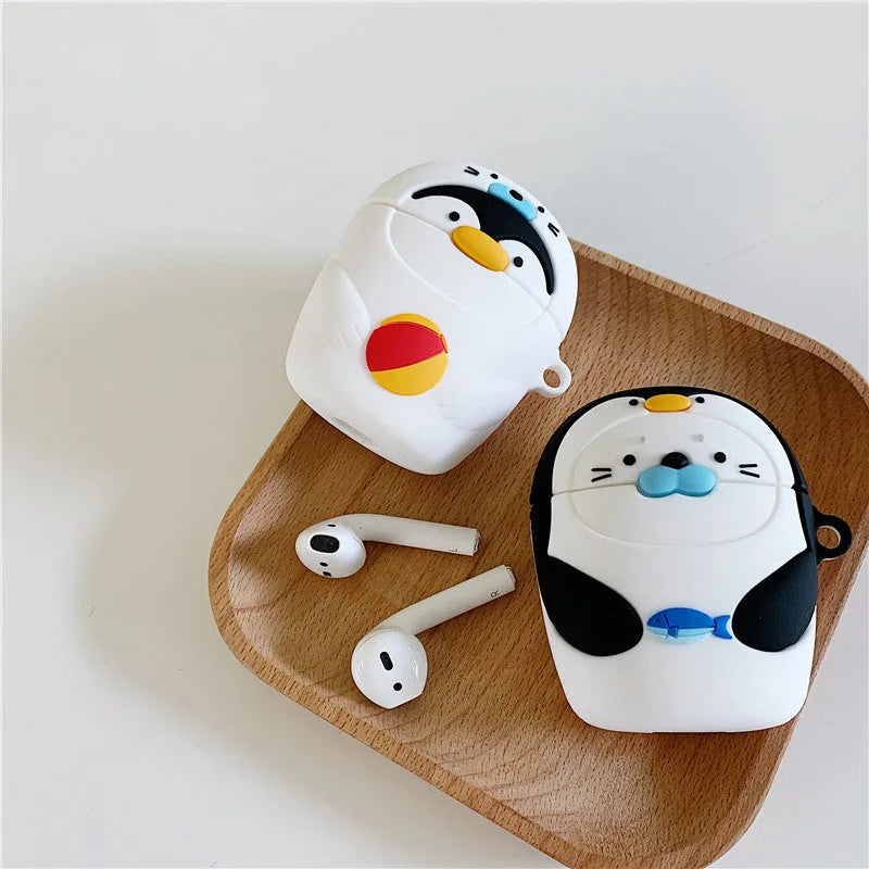 Silicone protective case for AirPods 1 2 generation with cartoon penguin design and hook