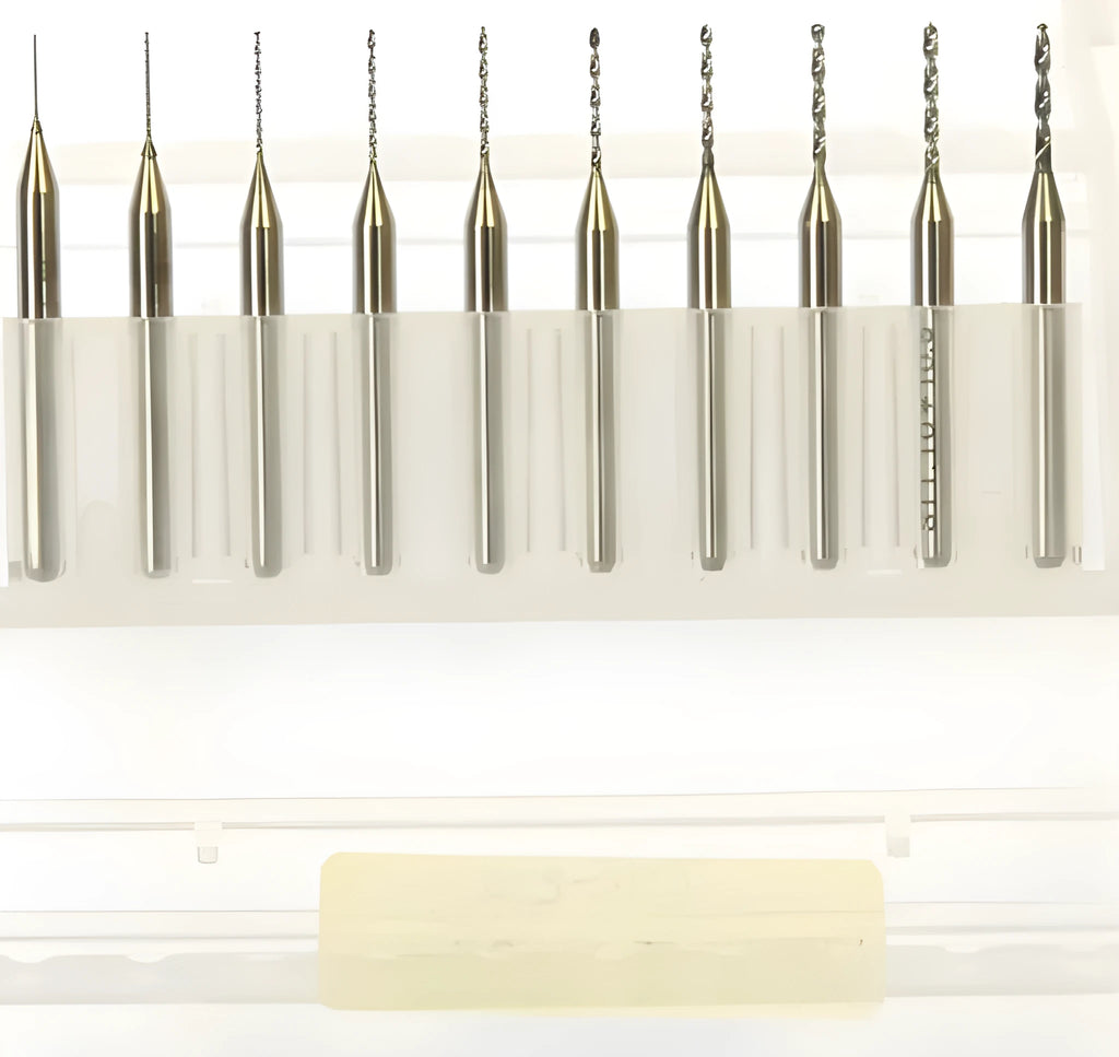 Close-up of a tungsten carbide micro engraving bit for precision electronics and circuit board work.