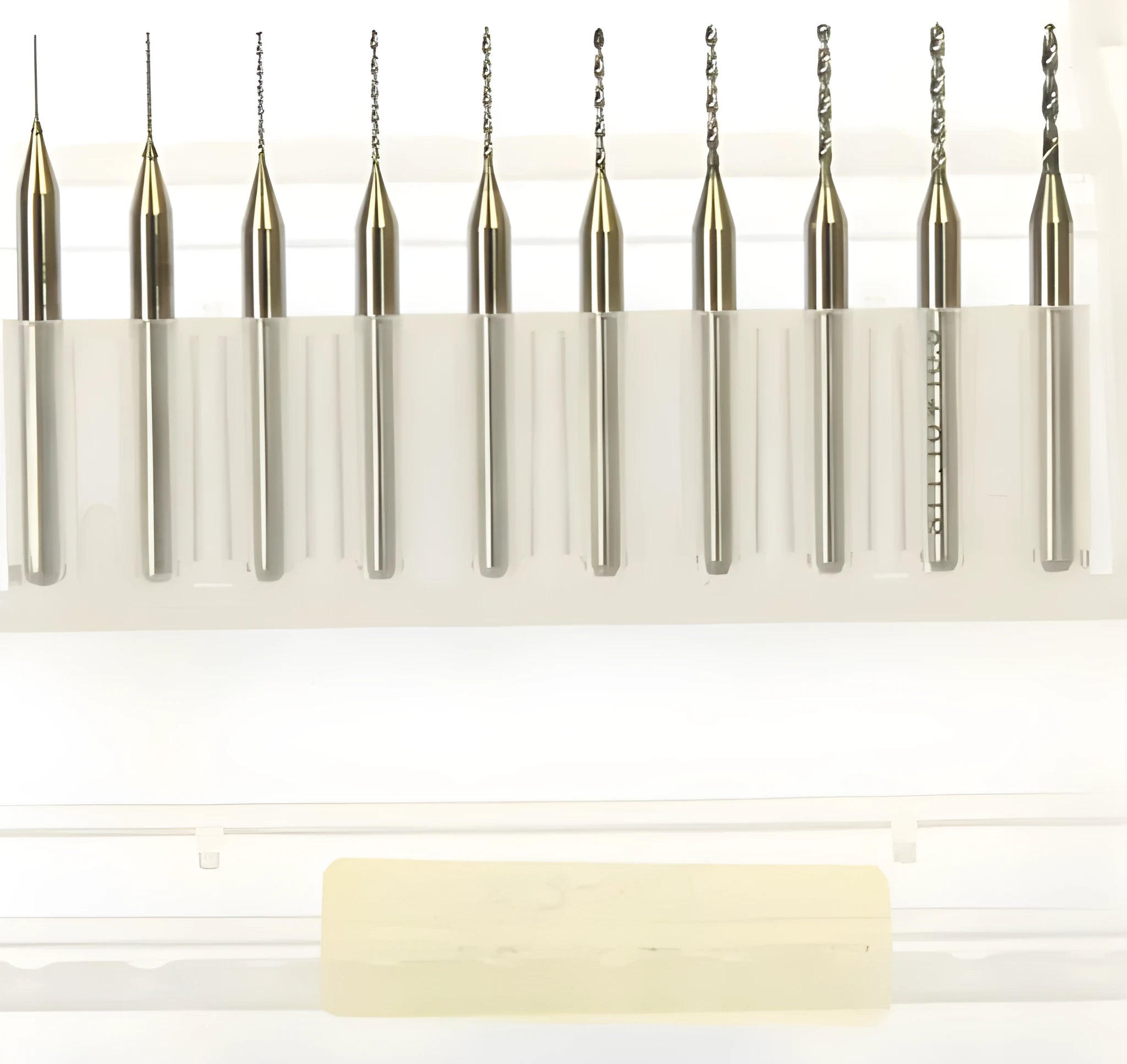 Close-up of a tungsten carbide micro engraving bit for precision electronics and circuit board work.
