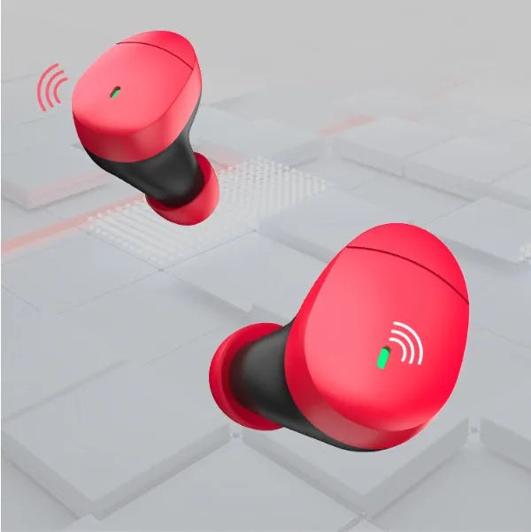 Flame red Qualcomm TWS 3040 true wireless Bluetooth earbuds with charging case.