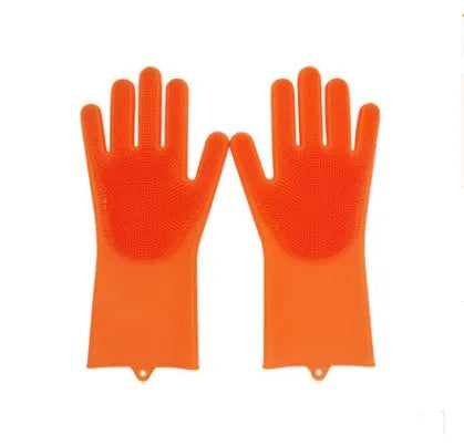 Silicone cleaning gloves with textured scrubbing surface in assorted colours