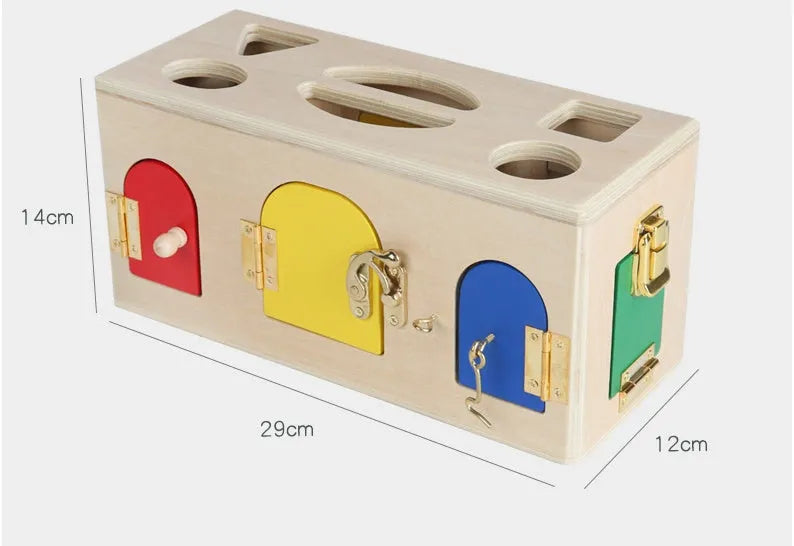 Wooden educational shape lock box toy with 12 wooden shapes for preschool children.