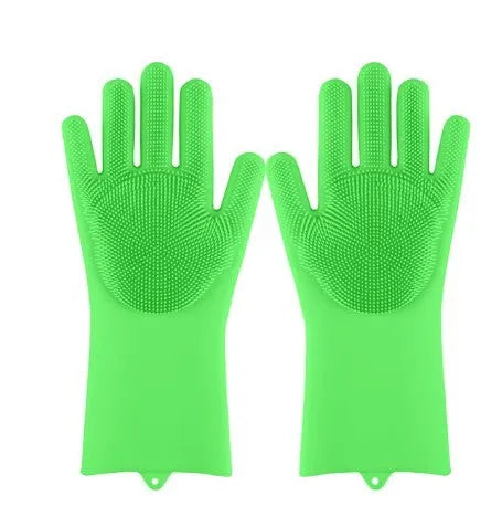 Silicone cleaning gloves with textured scrubbing surface in assorted colours