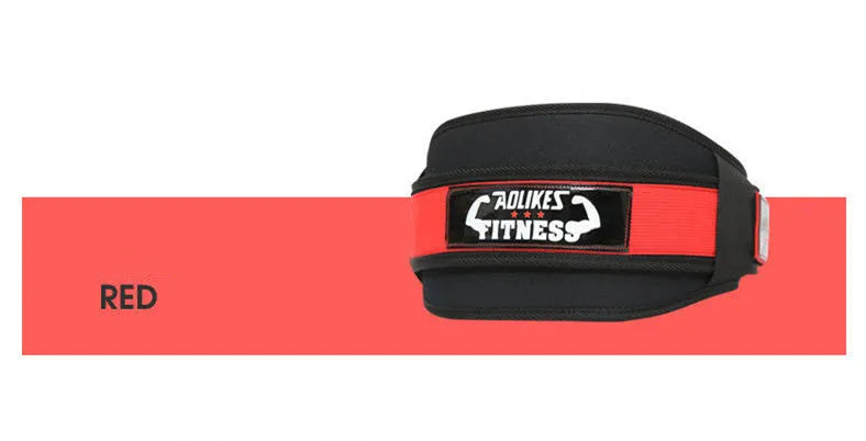 Nylon fitness weightlifting waistband showing black, red and yellow colour options with size markings