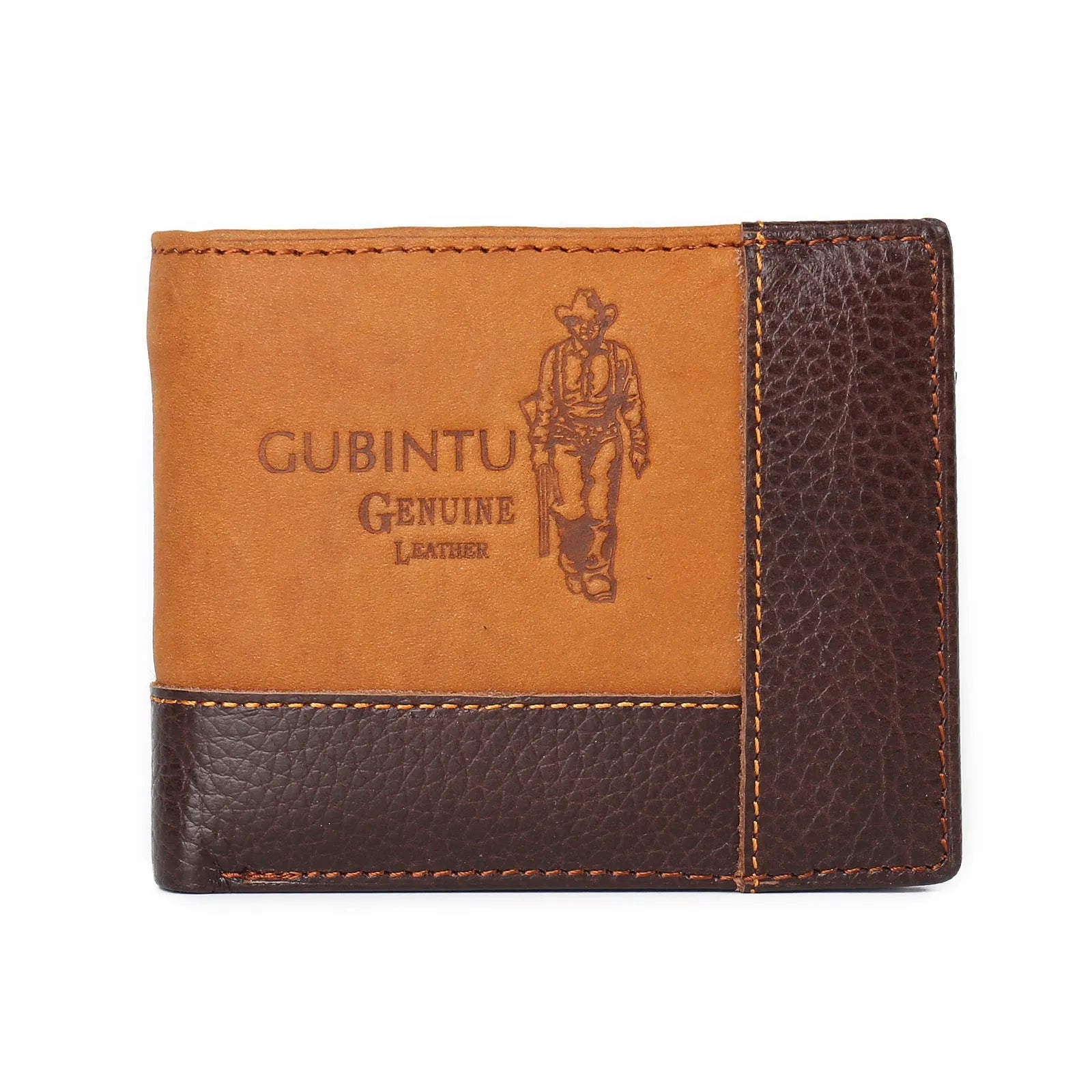 Soft cowhide leather men's wallet with cross-stitch detail, shown open to reveal bill holder, card slots, and zip compartment.