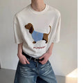 Grey men's T-shirt with a raised towel embroidery sausage dog design on the chest.
