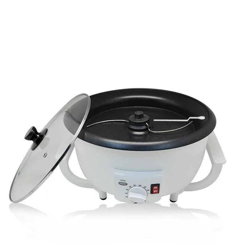 White oblate coffee bean roasting machine with 225mm pot bottom for 750g batch capacity