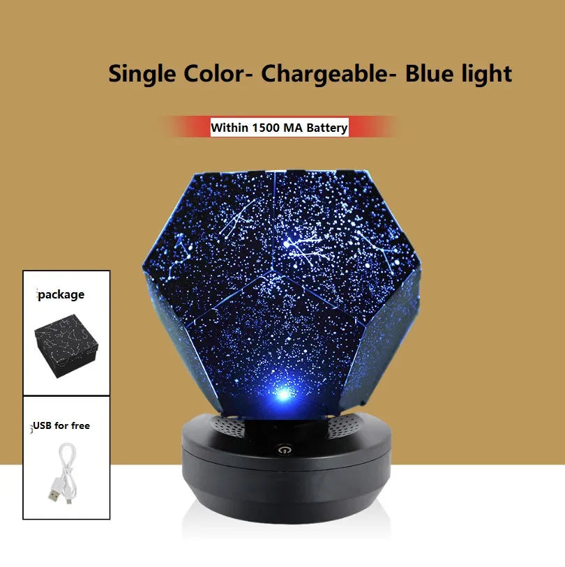LED star projector showing constellation projection on bedroom ceiling with remote control
