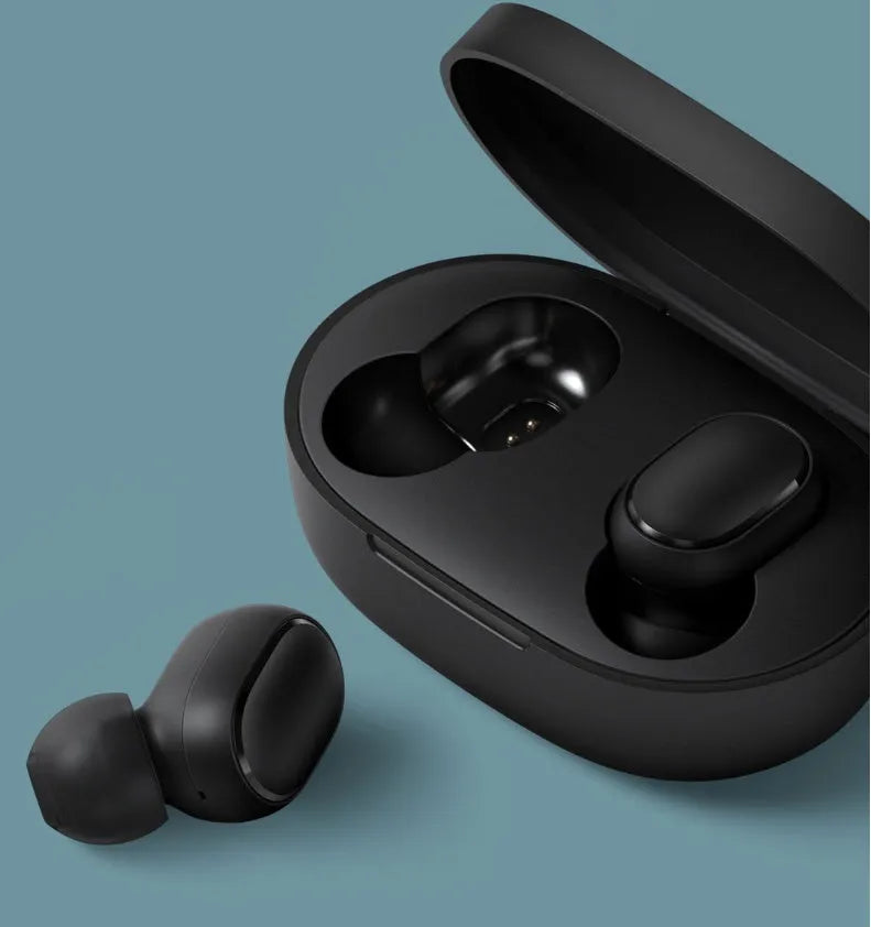 Redmi AirDots 2 Black true wireless earphones with their compact charging case.