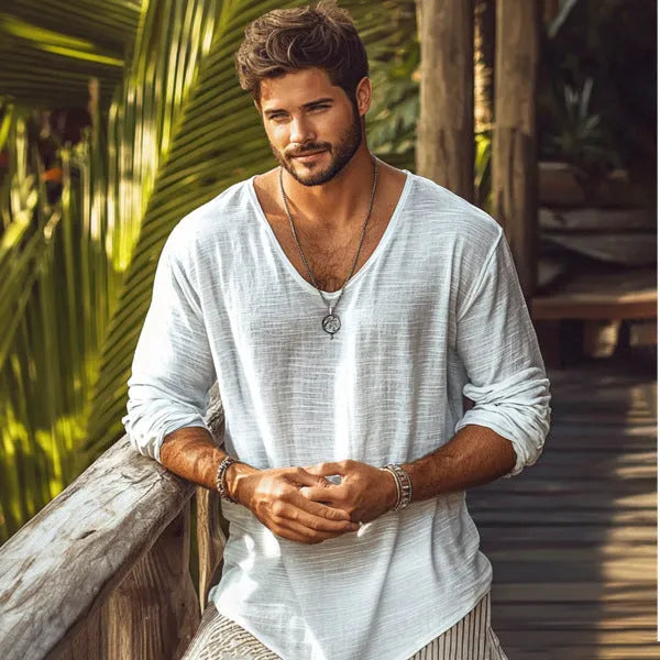 Beige slim fit long-sleeved V-neck top made from a hemp blend fabric.