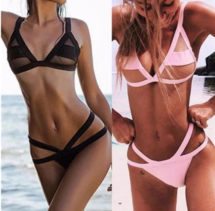Mesh transparent patchwork bikini set for women, black and pink options, triangle top see-through swimwear summer