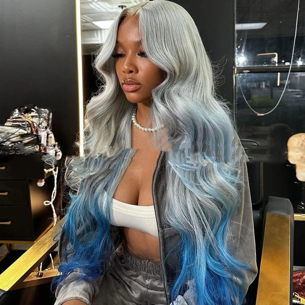Grey blue gradient colour human hair lace front wig with 4x4 hand-tied lace, shown in ruili style.