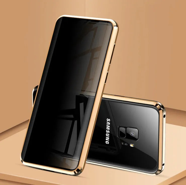 Black anti-peeping magnetic clamshell phone case for Samsung Galaxy phone, showing closed design.