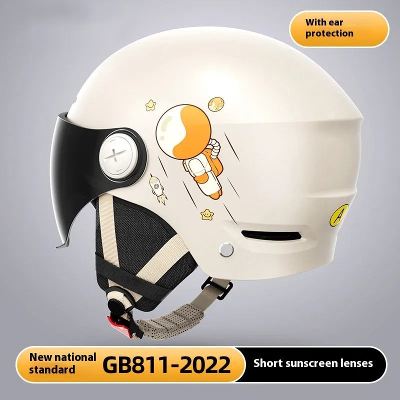 Khaki coloured ABS half helmet for electric motorcycles shown with different lens options.