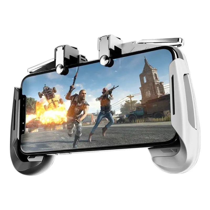 Multifunctional mobile game handle with extended grip holding smartphone, showing physical buttons and universal clip