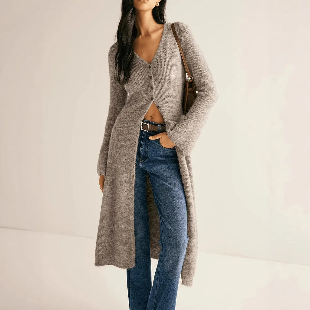 Khaki coloured French style retro long sleeve cardigan coat with button front closure.