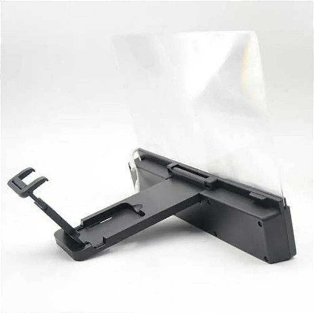 12-inch mobile phone screen amplifier with flexible stand and built-in speaker on a table