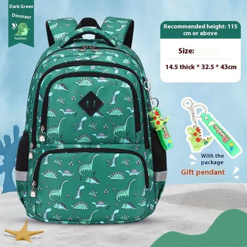 Blue children's waterproof school backpack with dinosaur pattern and curved shoulder straps on a white background.