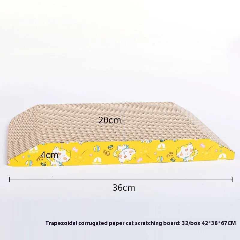 Wall-mounted cat scratch board in decorative shape made from corrugated paper with leather hanging tab