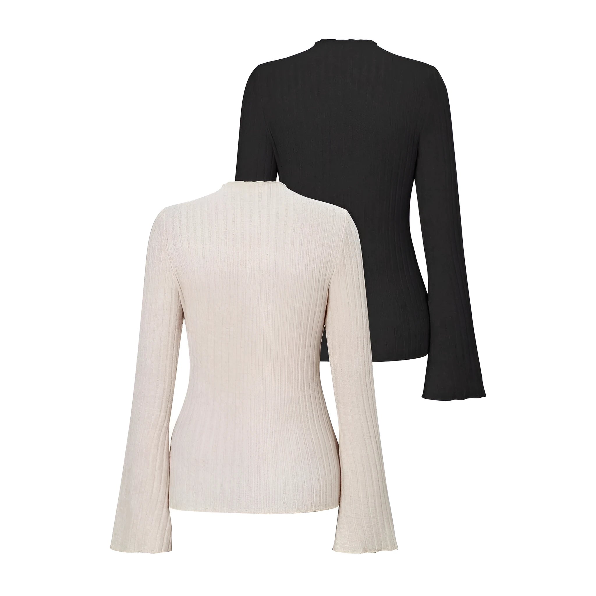 Man wearing a black long sleeve top with a subtle sunken stripe pattern and lantern sleeves.
