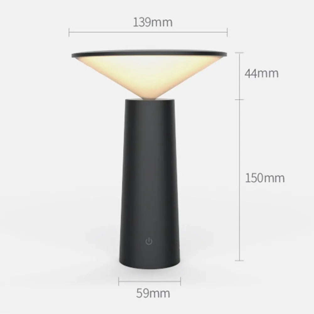 Black and white USB rechargeable LED desk lamp with a touch sensor and adjustable lamp head.