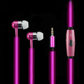 Blue light-up LED earphones with aluminium shells, remote control, and 3.5mm plug on a white background.
