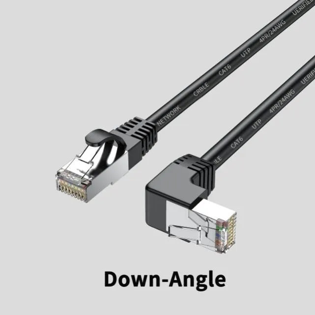 Right-angled Cat6 Ethernet cable with metal connector in various colours including black, red, and yellow.