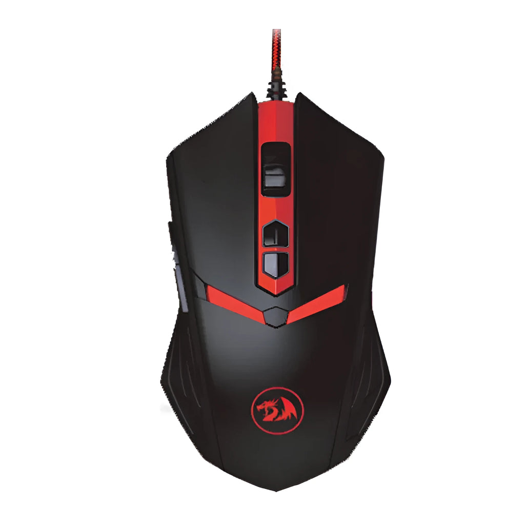 Black and red USB wired gaming mouse with six buttons and adjustable DPI settings on a desktop.