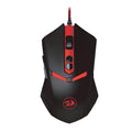 Black and red USB wired gaming mouse with six buttons and adjustable DPI settings on a desktop.