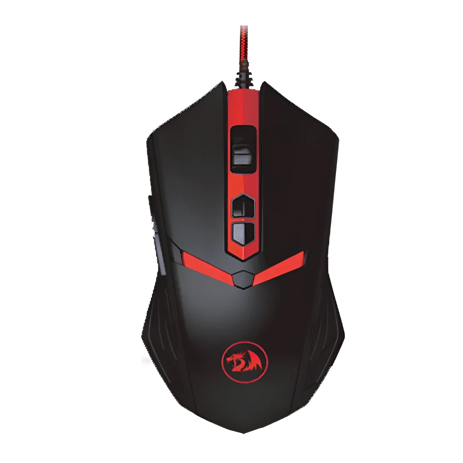 Black and red USB wired gaming mouse with six buttons and adjustable DPI settings on a desktop.