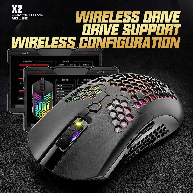 Free Wolf X2 wireless gaming mouse with RGB lighting shown in black, green, pink, white, and yellow colour variants.