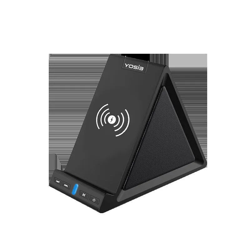 Black multifunctional Bluetooth speaker with integrated wireless charger and phone stand