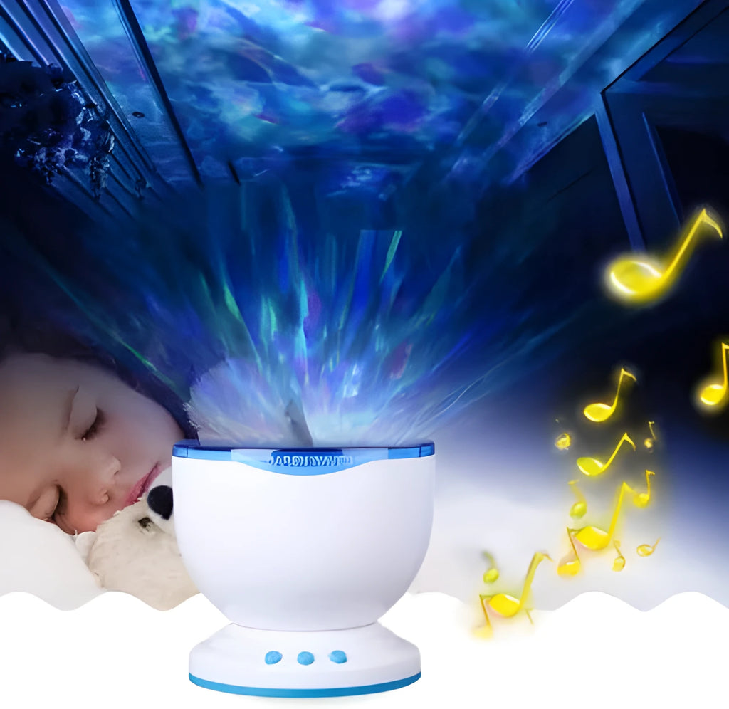 Blue ocean theme LED projection lamp mounted on a ceiling for children's room activities.
