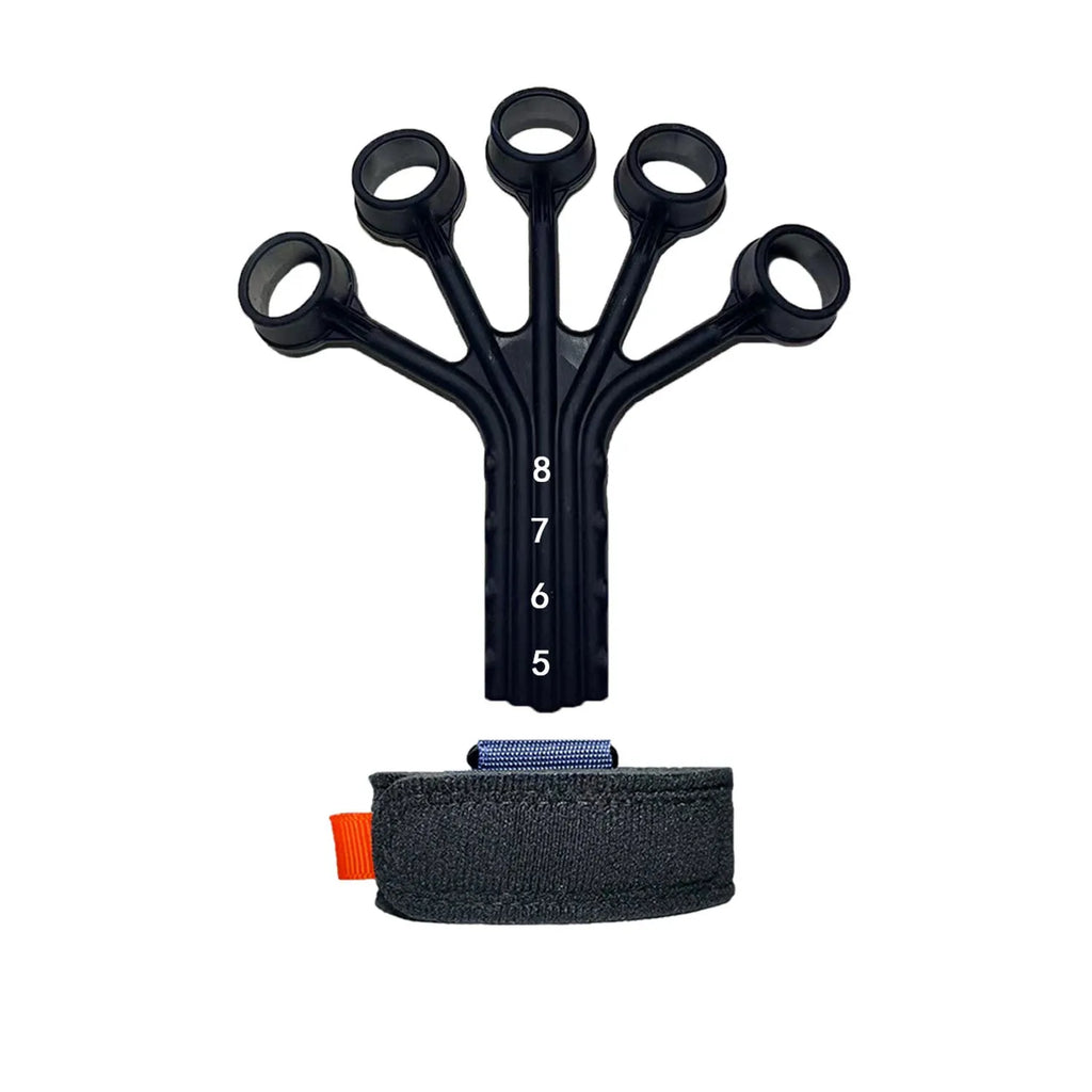 Black silicone finger rehabilitation trainer with adjustable tension belt for hand exercises