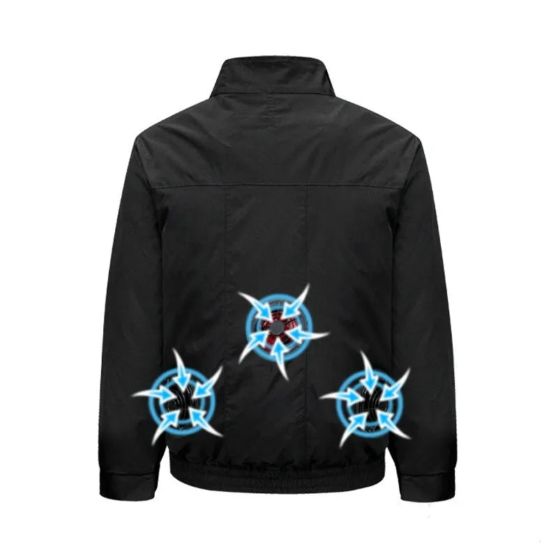 Men's black outdoor work jacket with ventilation holes for cooling fan unit