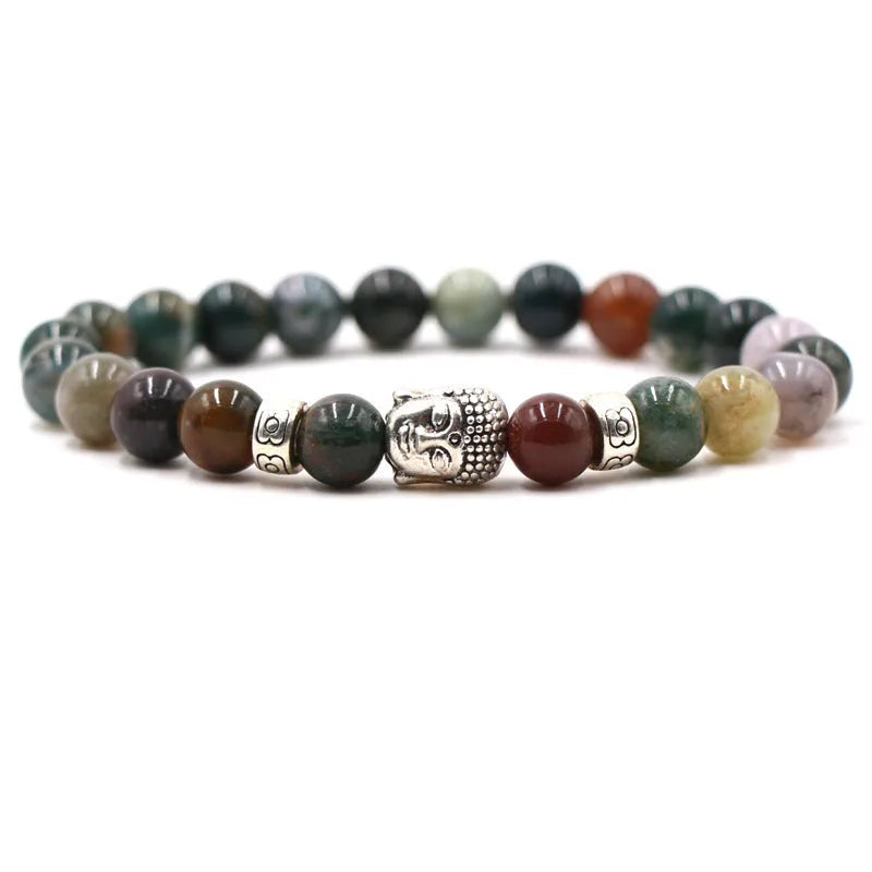 Tigereye stone Buddha head stretch bracelet with 8mm beads on a wrist.