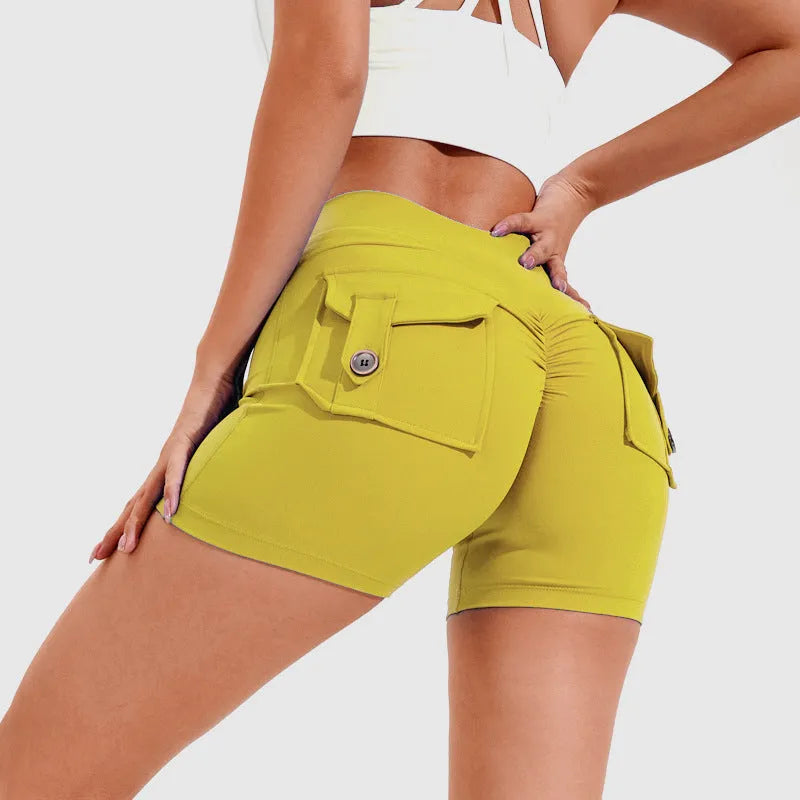 Women's high waist quick-dry nylon sports shorts with pockets in avocado green colour