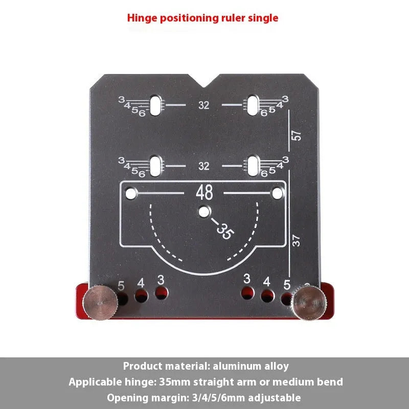 Aluminium alloy 35mm hinge locator tool with adjustable margin settings for cabinet installation.