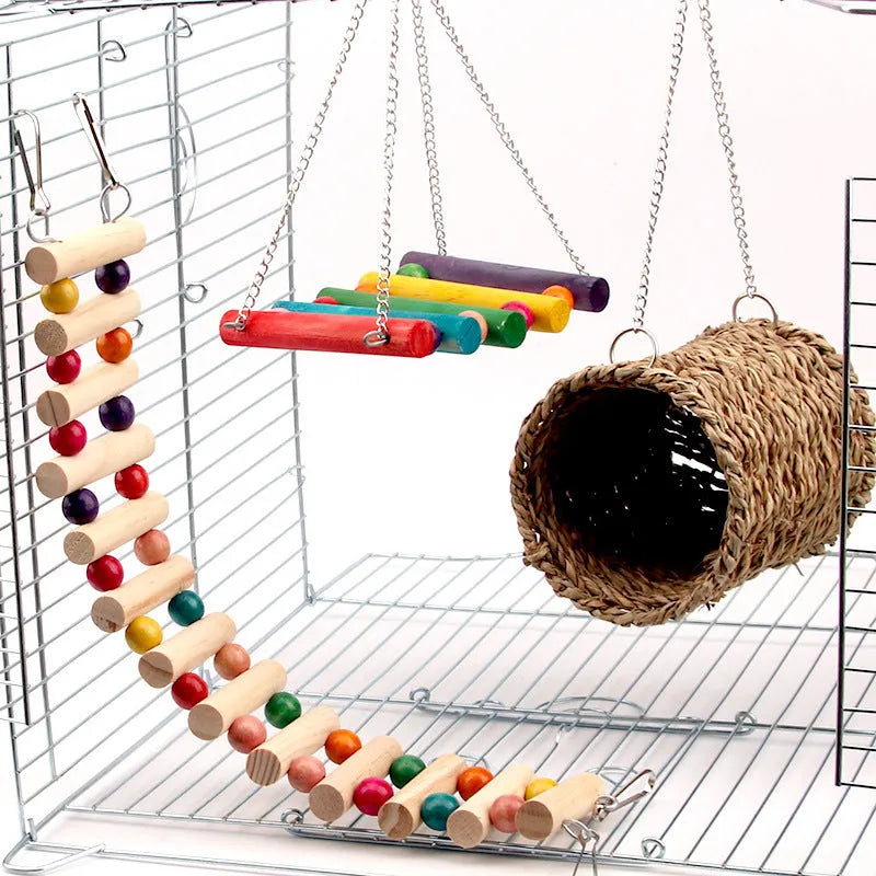 3 piece small pet toy set with natural wood swing, climbing ladder, and cotton grass bed with colourful beads