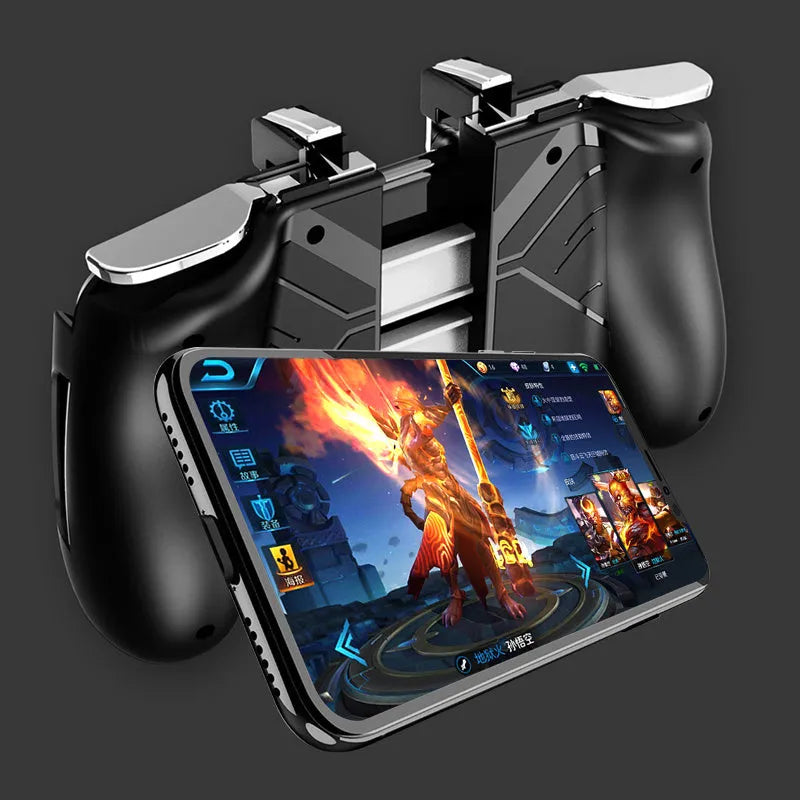 Multifunctional mobile game handle with extended grip holding smartphone, showing physical buttons and universal clip