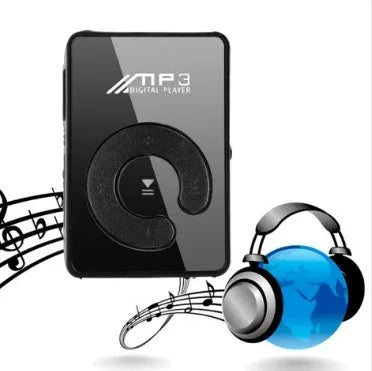 Black plastic clip MP3 player with TF card slot and mini USB port on a plain background