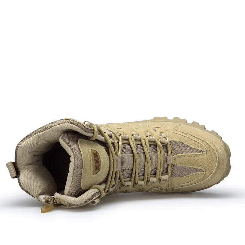 Men's black US Army Delta tactical boots with rubber sole on a rocky outdoor surface.