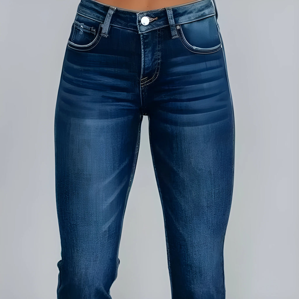 Women's hand-worn denim jeans in dark blue and light blue cotton fabric casual trousers