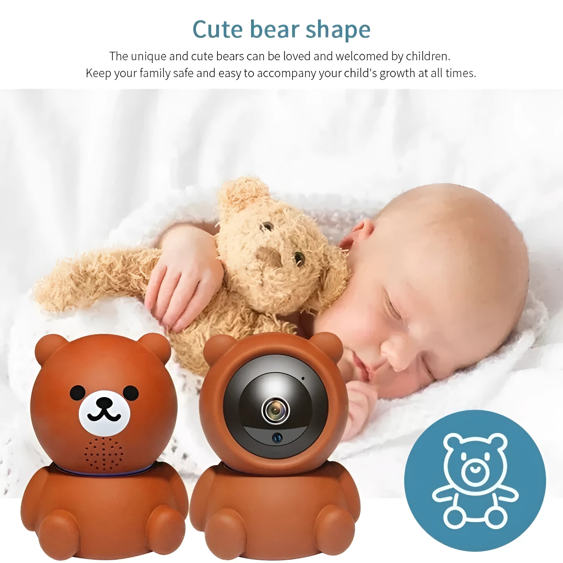 Bear brand white indoor WiFi security camera with infrared LEDs around the lens