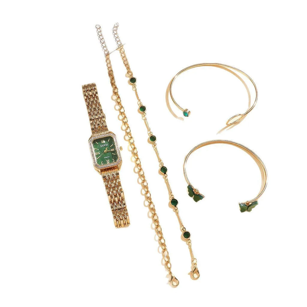 Gold green square watch and four matching bracelets jewellery set for women