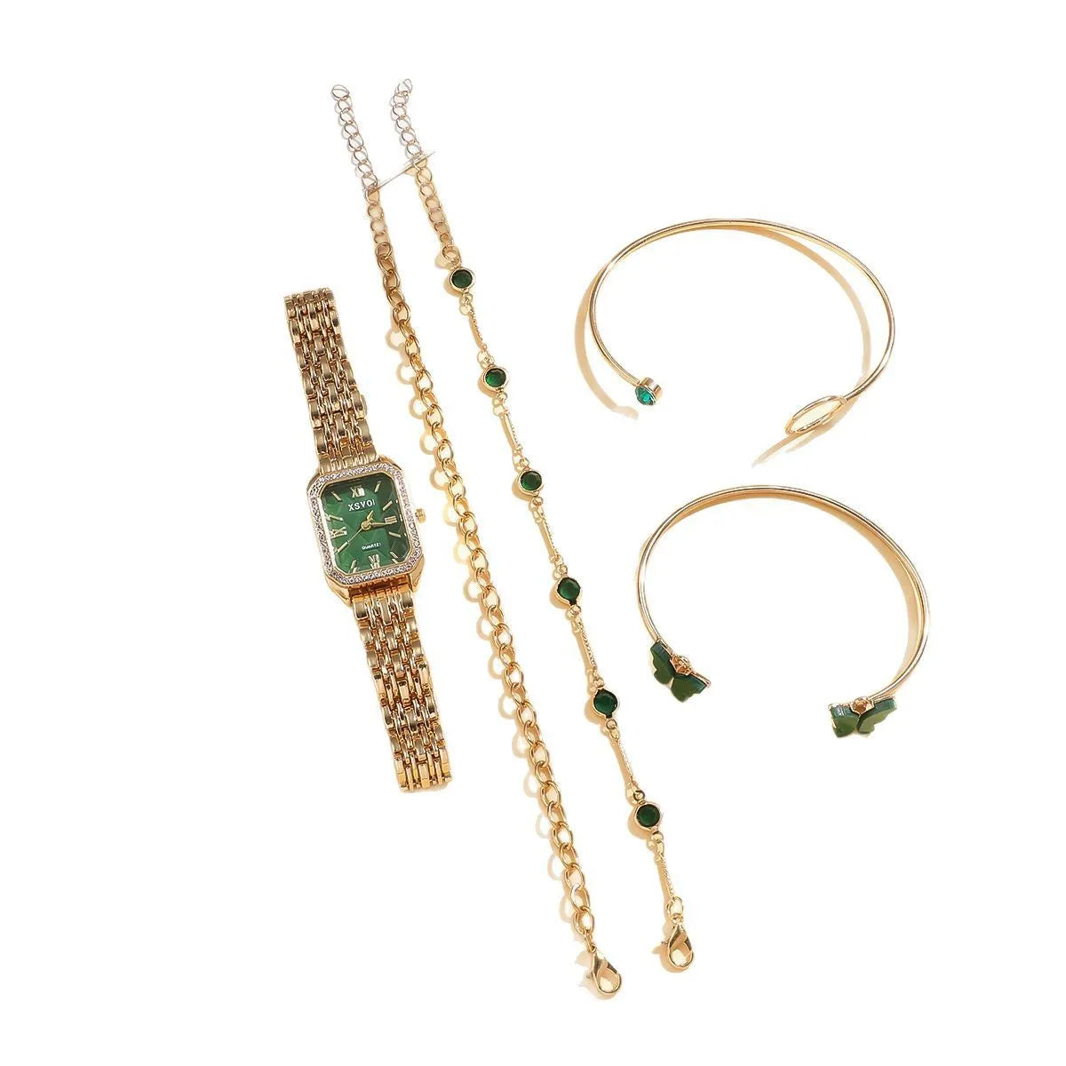 Gold green square watch and four matching bracelets jewellery set for women